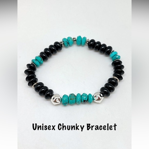 Unisex Turquoise & Black Onyx Bracelet & Earrings, Sterling Silver, NWT, 6.5”-9” - Picture 4 of 9